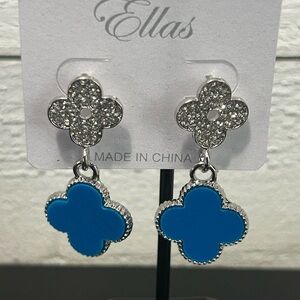 💙 Clover Drop Earrings | Blue Enamel & Rhinestone Flower Studs | Silver Tone